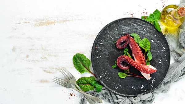 Boiled Octopus Tentacles Stone Plate Seafood Top View Free Copy — Stock Photo, Image