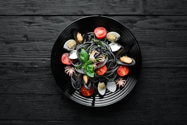 Pasta Seafood Black Paste Seafood Top View Free Copy Space — Stock Photo, Image