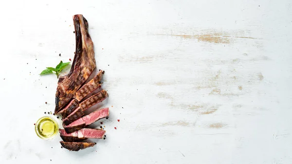 Grilled Steak Bone Sliced Herbs Spices Wooden Background Barbecue Top — Stock Photo, Image