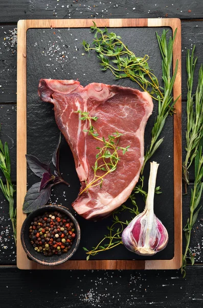 Steak Cru Bone Sur Une Table Bois Vue Dessus Espace — Photo