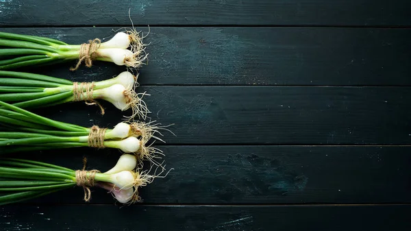 Tahta bir masada yeşil soğan. Taze sebzeler. Üst te. Metin için boş alan.