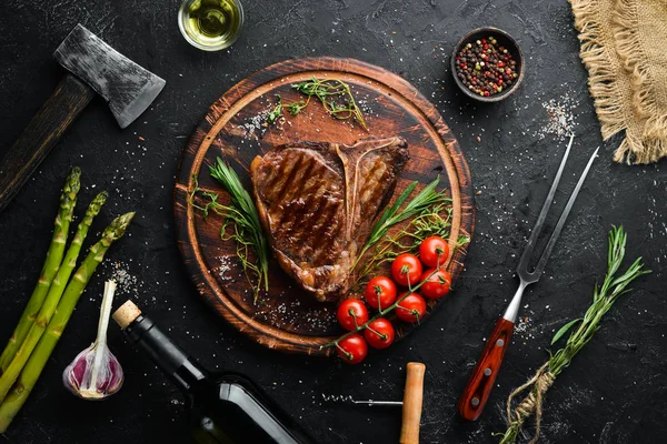 Grilled Steak Stone Table Top View Free Space Text — Stock Photo, Image