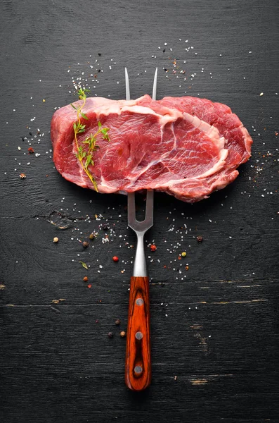 Raw Steak Fork Aged Table Top View Free Space Your — Stock Photo, Image