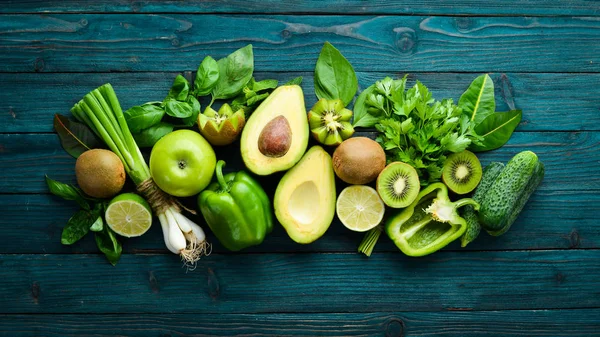 Comida Verde Saludable Las Frutas Hortalizas Aguacate Lima Cebolla Manzana — Foto de Stock