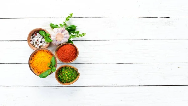 Various Spices Bowls White Background Indian Spices Top View — Stock Photo, Image
