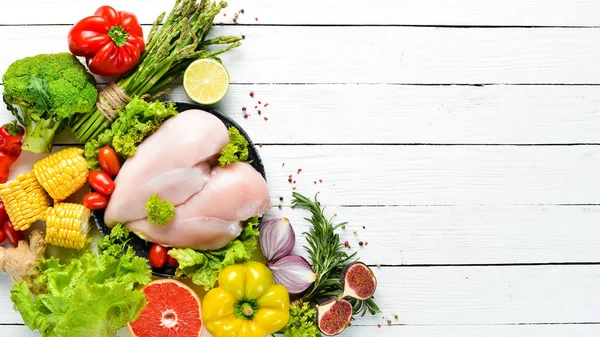 Frisches Hühnerfilet Mit Zutaten Zum Kochen Gesunde Ernährung Ansicht Von — Stockfoto