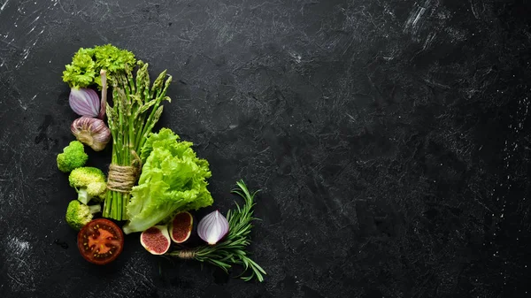 新鲜蔬菜和水果 健康食品 顶部视图 免费复制空间 — 图库照片