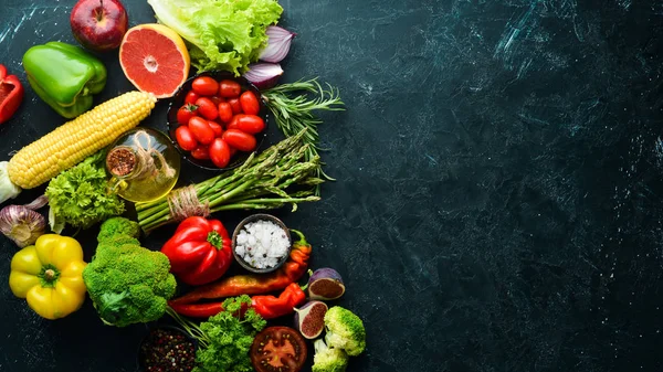 Свіжі Овочі Фрукти Здорова Їжа Вид Зверху Вільний Простір Копіювання — стокове фото