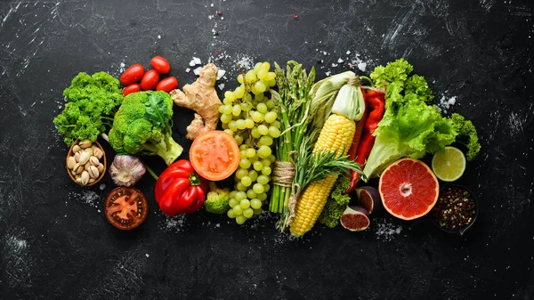 Φρέσκα Λαχανικά Και Φρούτα Υγιεινά Φαγητά Κορυφαία Προβολή Δωρεάν Χώρος — Φωτογραφία Αρχείου