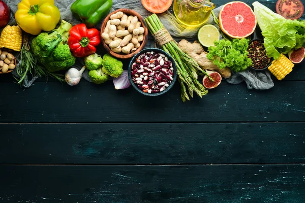 Biologisch Voedsel Verse Groenten Fruit Bovenaanzicht Vrije Kopieer Ruimte — Stockfoto