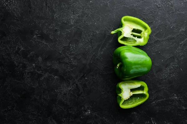 Sweet green bell pepper. Fresh vegetables. Top view. Free space for your text.