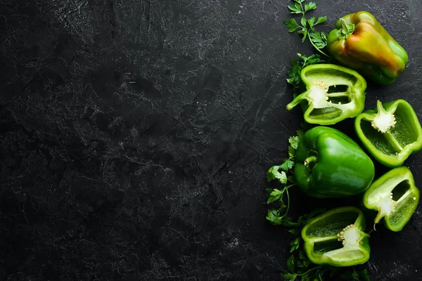 Zoete Groene Paprika Verse Groenten Bovenaanzicht Vrije Ruimte Voor Tekst — Stockfoto