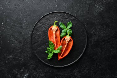 Tatlı kırmızı biber. Taze sebzeler. Üst te. Metniniz için boş alan.