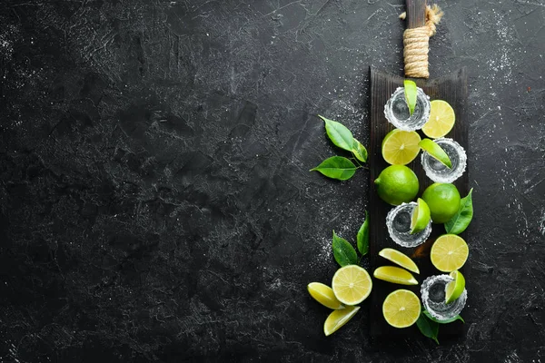 Tequila Salt Lime Alcohol Black Stone Background Top View Free — Stock Photo, Image