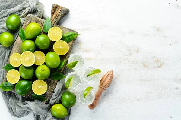 Tequila Salt Lime White Wooden Background Fruits Top View Free — Stock Photo, Image