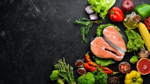 Steak Čerstvých Lososů Přísadami Pro Vaření Zdravé Jídlo Pohled Shora — Stock fotografie