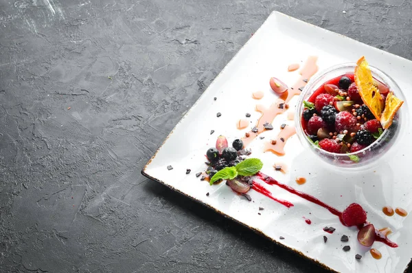 Creamy Dessert Raspberry Blackberry Berries Top View Free Space Your — Stock Photo, Image
