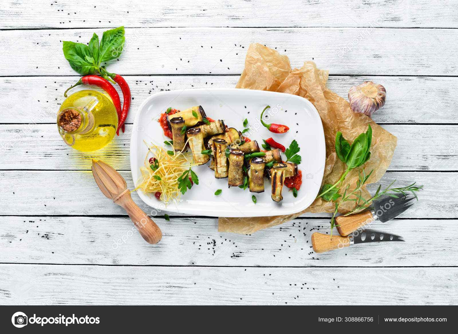Eggplant Rolls Vegetables Restaurant Dishes Top View Free Space Your