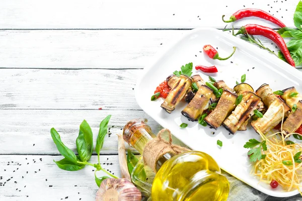 Rollos Berenjena Verduras Platos Del Restaurante Vista Superior Espacio Libre — Foto de Stock