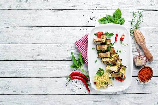 Rollos Berenjena Verduras Platos Del Restaurante Vista Superior Espacio Libre — Foto de Stock