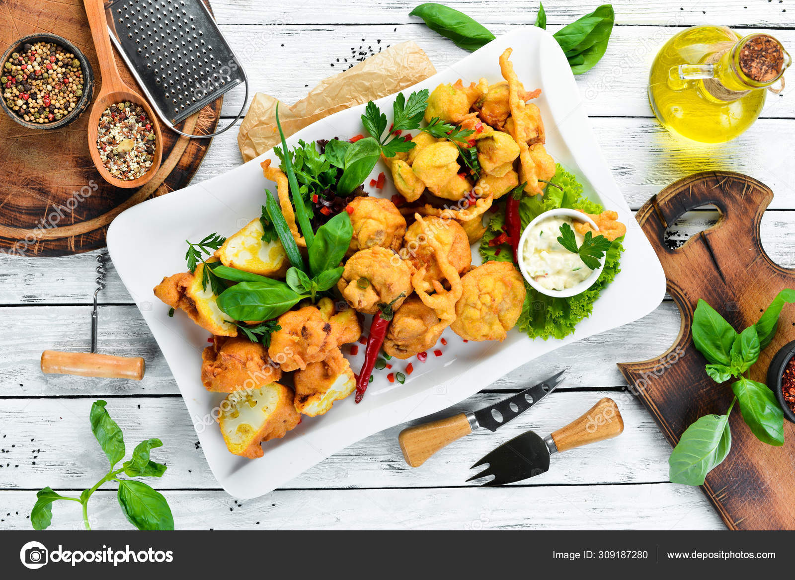 Vegetables Deep Fried Restaurant Dishes Top View Free Space Your Stock