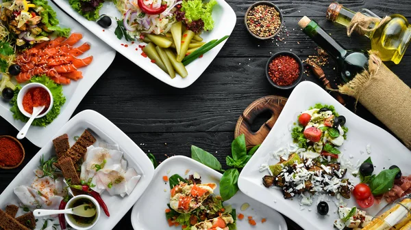 Restaurantgerichte Europäische Küche Essen Von Oben Gesehen Freiraum Für Ihren — Stockfoto