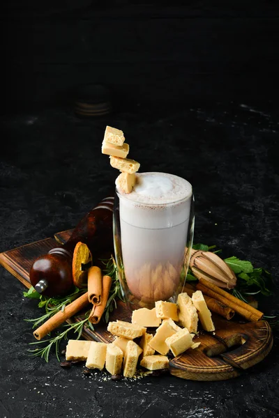 Café Con Leche Chocolate Blanco Cacao Vaso Vista Superior Sobre — Foto de Stock