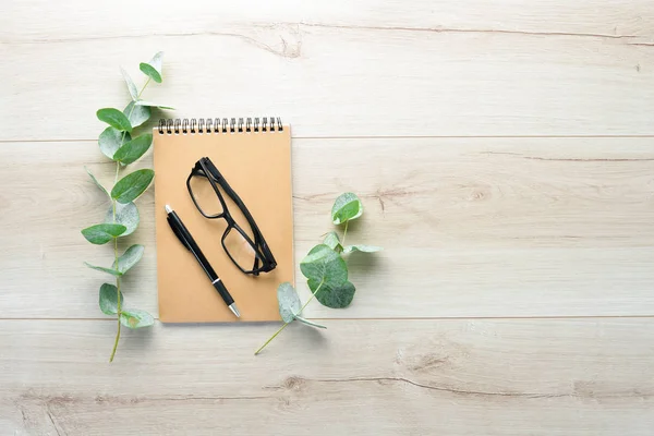 Workspace Blank Note Book Flat Lay Top View Office Table — Stock Photo, Image