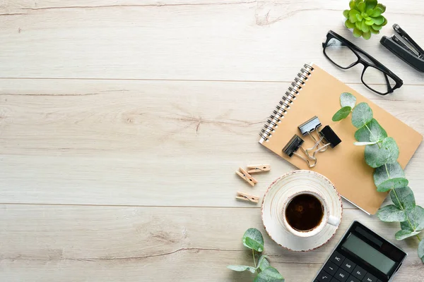 Wood Office Desk Table Flat Lay Top View Office Table — Stock Photo, Image