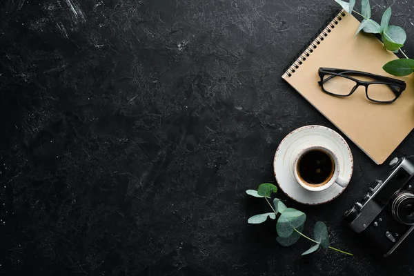 Black Office Desk Table Flat Lay Top View Office Table — Stock Photo, Image