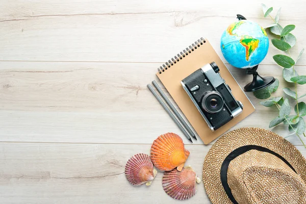 Travel Accessories Top View Wooden Background Copy Space Adventure Concept — Stock Photo, Image