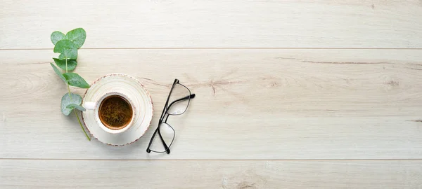 Cup Coffee Office Desk Top View Free Space Your Text — Stock Photo, Image