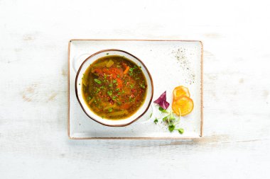 Sebze çorbası. Harcho çorbası. Üst te. Metniniz için boş alan.