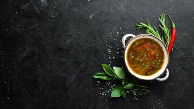 Sebze çorbası. Harcho çorbası. Üst te. Metniniz için boş alan.