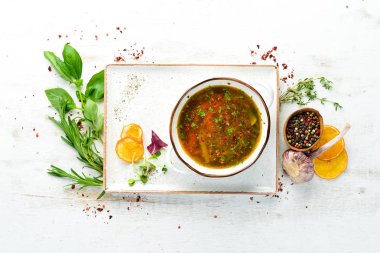 Sebze çorbası. Harcho çorbası. Üst te. Metniniz için boş alan.