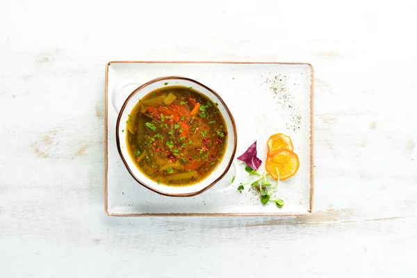 Vegetable Soup. Harcho soup. Top view. Free space for your text. — Stock Image Vegetable Soup Harcho Soup Top View Free Space Your Text Royalty Free Stock Images