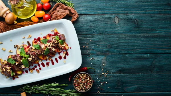 Baked Goose Liver Apple Cranberry Sauce Top View Free Copy — Stock Photo, Image