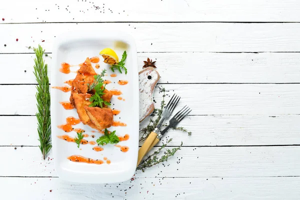 Filetes Peixe Assados Óleo Pratos Restaurante Vista Superior Espaço Livre — Fotografia de Stock