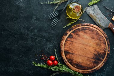 Yemek afişi. Baharatlar ve bitkiler. Üst Manzara. Boş kopyalama alanı.