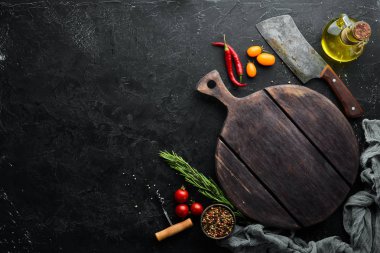 Yemek afişi. Baharatlar ve bitkiler. Üst Manzara. Boş kopyalama alanı.