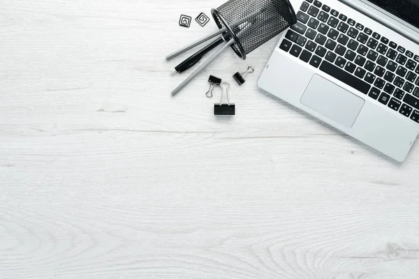 Office White Desk Laptop Accessories Top View Free Space Your — Stock Photo, Image