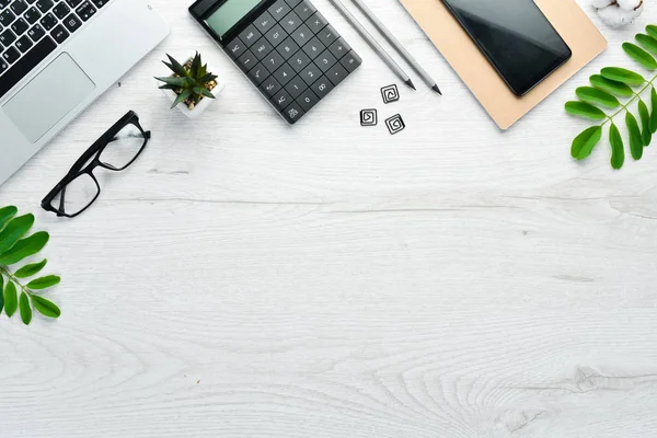 Office White Desk Laptop Accessories Top View Free Space Your — Stock Photo, Image