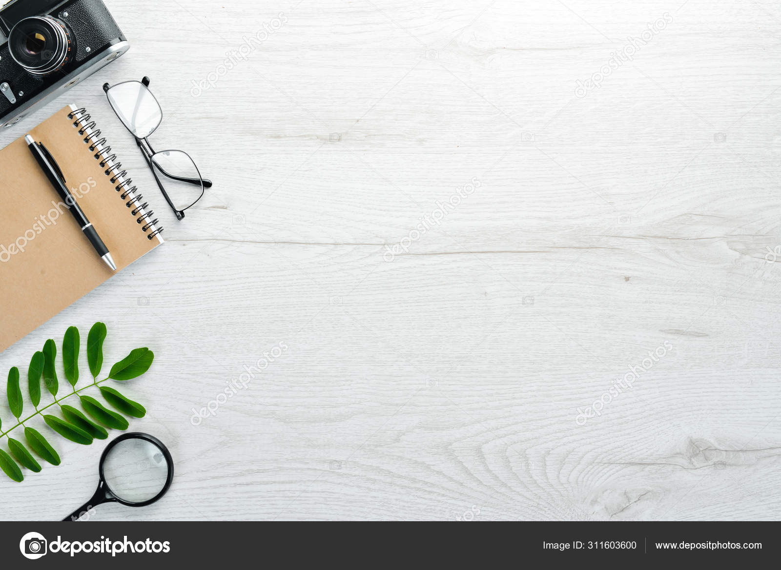 White Office Desk Table Camera Laptop Office Supplies Top View