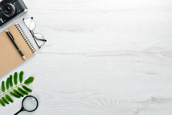 White Office Desk Table Camera Laptop Office Supplies Top View — Stock Photo, Image