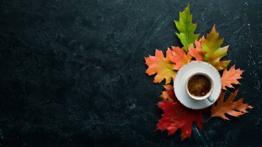 Bir fincan sıcak kahve ve renkli sonbahar yaprakları. Düz yat. Eski arka planda. Üst Manzara. Metnin için boş yer.