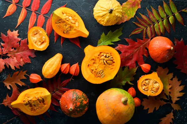 Herbstgemüse Kürbis Mit Kürbiskernen Und Herbstblättern Flach Lag Auf Schwarzem — Stockfoto