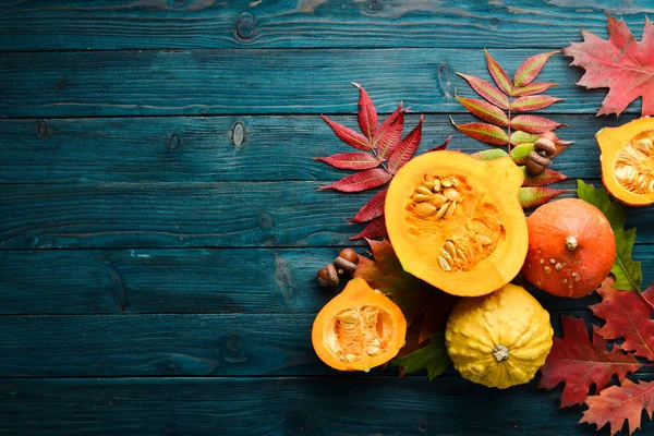 Herbstgemüse Farbige Kürbisse Mit Herbstblättern Flach Lag Auf Blauem Holzgrund — Stockfoto