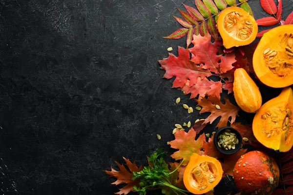 Herbst Hintergrund Mit Kaffee Kürbis Herbstblättern Und Samen Flach Lag — Stockfoto