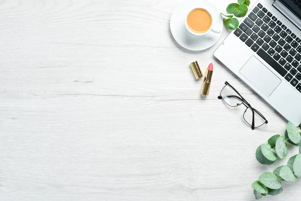 Women Office Desk White Wooden Background — Stock Photo, Image