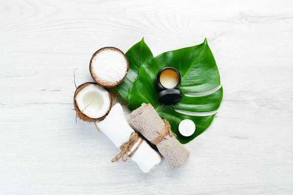 Cosmetici Cocco Olio Cocco Concetto Cosmetici Spa Vista Dall Alto — Foto Stock